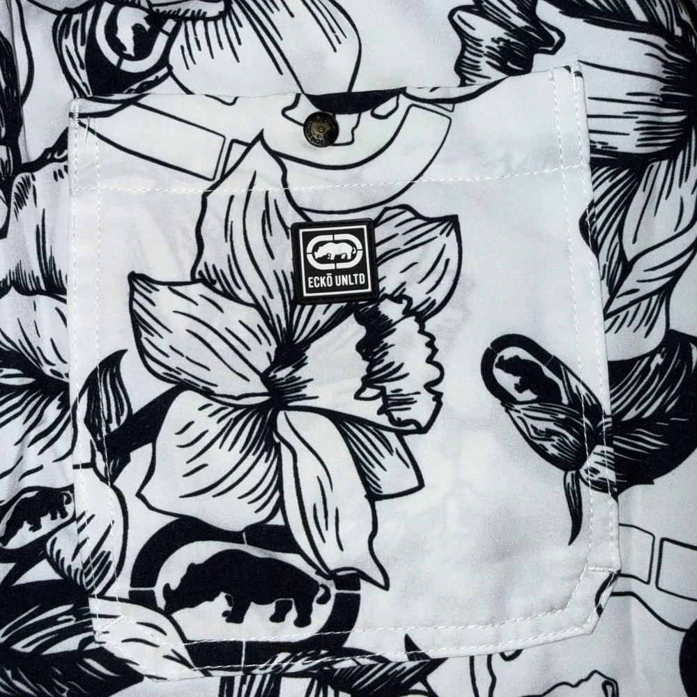 Ecko Unltd Shorts Mens Medium White Black Floral‎ Swim Trunks Quick Dry Beach